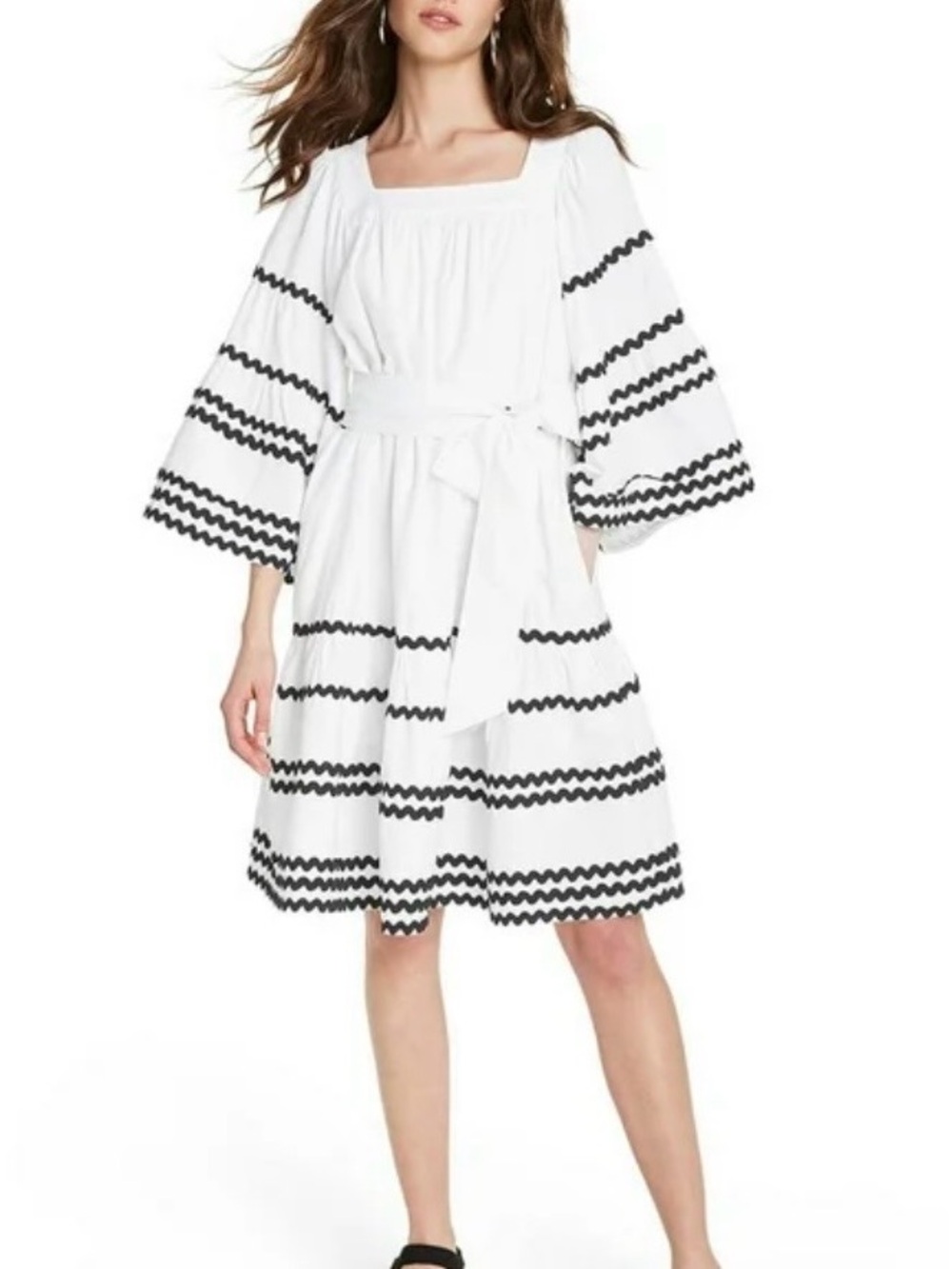 NEW WITH TAGS! Lisa Marie Fernandez White Midi Dress with Black Rickrack Stripes